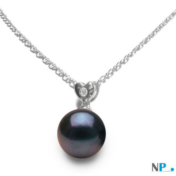 Pendente Cuore in argento con diamante e perla nera d'acqua dolce