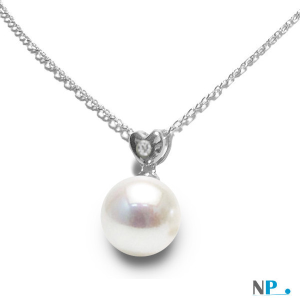 Pendente cuore in argento con diamante e perla bianca Akoya