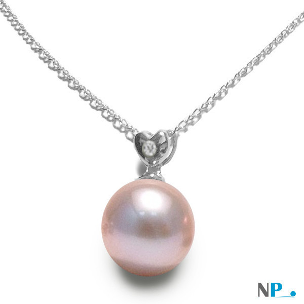 Pendente Cuore in argento con diamante e perla d'acqua dolce colore naturale Lavanda