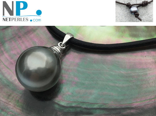 Pendente Argento 925 cuoio con perla di Tahiti barocca 12-14 mm