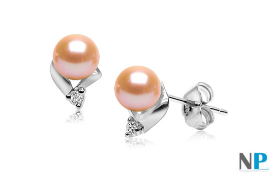 Orecchini Argento 925, Zirconi e Perle d'acqua dolce 6-7 mm AAA rosa pesca