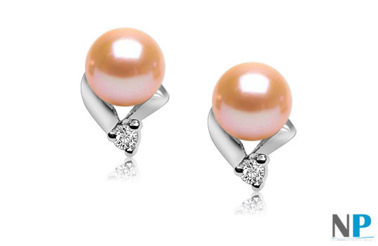 Orecchini Argento 925, Zirconi e Perle d'acqua dolce 6-7 mm AAA rosa pesca