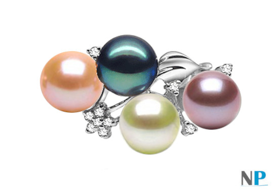 Anello in Oro 9k con 4 perle d'acqua dolce 6-7 mm AAA e diamanti: lavanda, bianca, nera e pesca