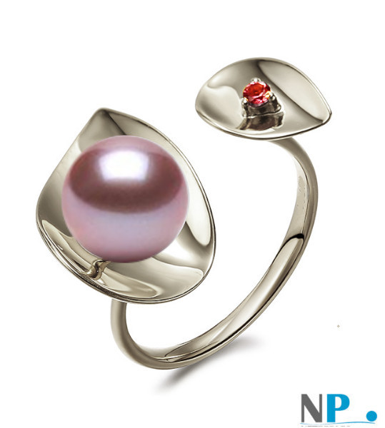 Anello in  Argento con perla d'acqua dolce lavanda e tormalina rossa