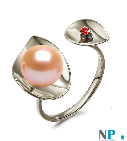 Anello in  Argento con perla d'acqua dolce rosa pesca e tormalina rossa