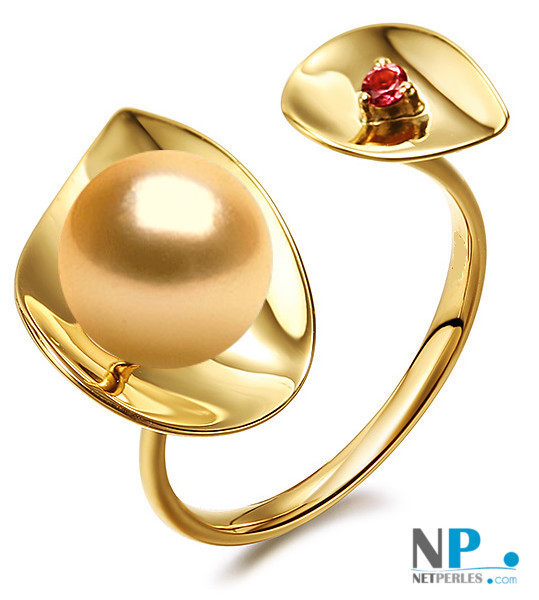 Anello Oro 9k perla dorata delle Filippine 9-10 mm AAA e tormalina rossa