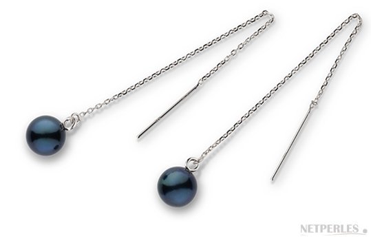 Orecchini di perle nere Akoya del Giappone con catenelle in argento 925