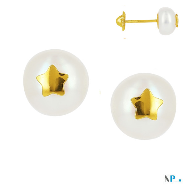 Orecchini con Stelline in Oro 18k  perle acqua dolce 6-7 mm bianche AA+ forma a bottone