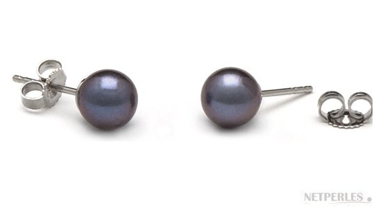 Paire de boucles d'Oreilles Or 18k perles d'Eau Douce Noires 7 à 8 mm AAA