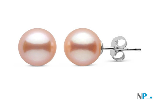 Orecchini di perle coltivate d'acqua dolce colore naturale rosa pesca, oro bianco 14k