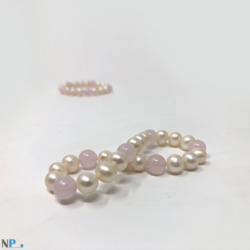 Perle d'acqua dolce con perle in quarzo rosa