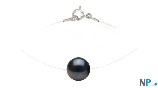 Perla nera d'acqua dolce, pendente su filo trasparente