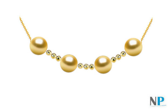 Collana con 4 perle dorate delle Filippine  9 biglie in oro e catenina maglia forzato, oro 18k