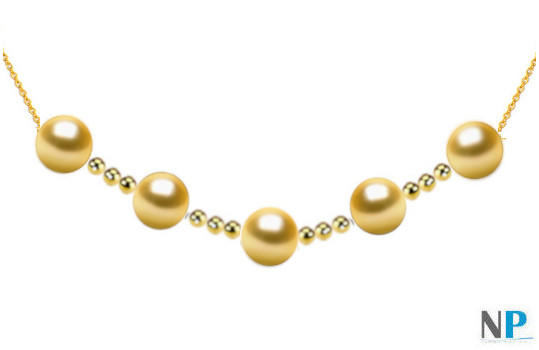 Collana con 4 perle dorate delle Filippine  9 biglie in oro e catenina maglia forzato, oro 18k