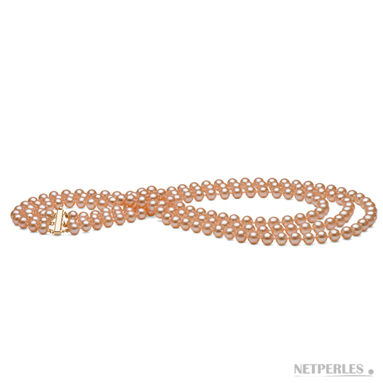 Collana Triplo Filo di Perle Acqua Dolce DOLCEHADAMA colore naturale rosa pesca con fermaglio in oro 14 carati