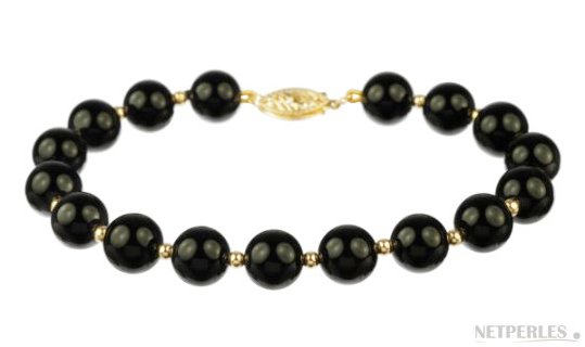 Bracciale di perle nere d'acqua dolce e biglie in oro