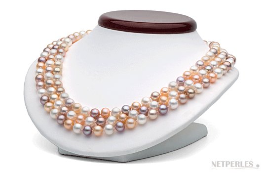 collana di perle d'acqua dolce a triplo filo colore naturale multicolori