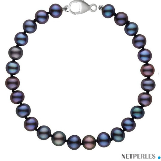 braccialetto di perle nere d'acqua dolce con moschettone in argento
