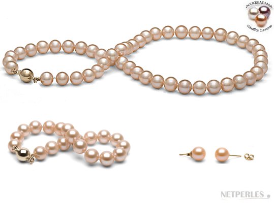 Parure 3 gioielli di perle d'acqua dolcehadama  rosa pesca