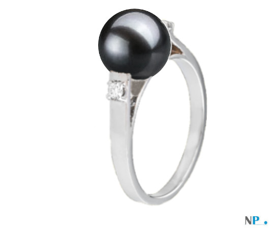 Anello Argento 925 diamanti e perla nera d'acqua dolce 8-9 mm AAA