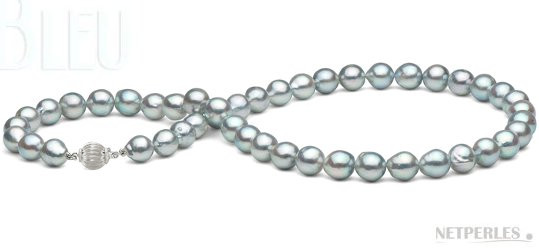 Collana di perle blu Akoya barocche dai riflessi argentati, colori naturali