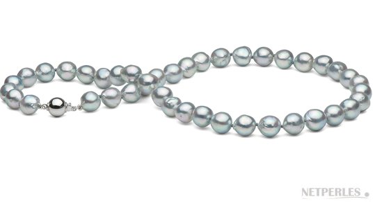 Collana di Perle Akoya Barocche 45 cm, 8.5-9 mm blu argento