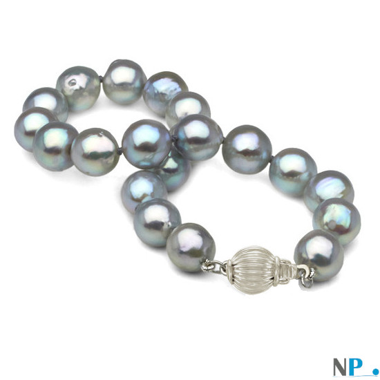 Braccialetto di perle Blu Akoya, colori naturali, fermaglio in oro bianco 14k