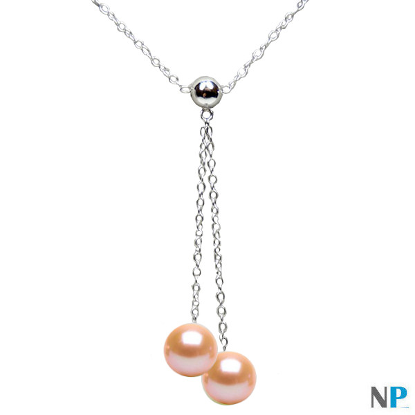 Collana in oro bianco rodiato con due perle di coltura d'acqua dolce rosa pesca