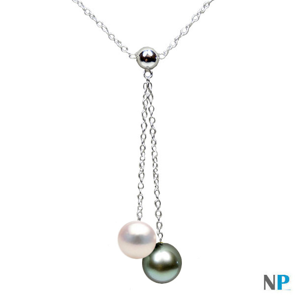 Collana in argento 925 con due perle:  bianca Akoya e nera di Tahiti