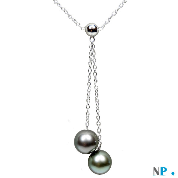 Collana in argento 925 con due perle nere di Tahiti di orienti grigio e verde