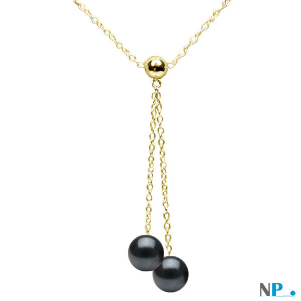 Collana in oro giallo  con due perle nere Akoya