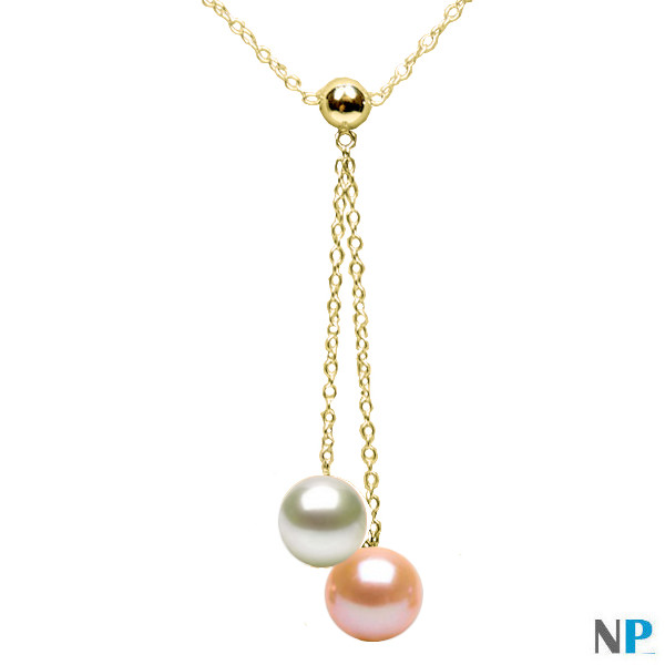 Collana in oro giallo  con perle d'acqua dolce bianca e rosa pesca