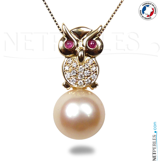 Pendente Gufo Oro 18k e Diamanti con perla delle Filippine dorata