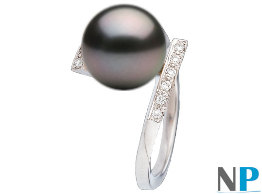 Anello in Argento  e diamanti con perla coltivata di Tahiti 9-10 mm AAA
