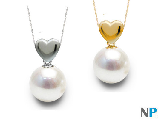 Pendentif coeur en or gris et or jaune avec perle blanche d'Akoya