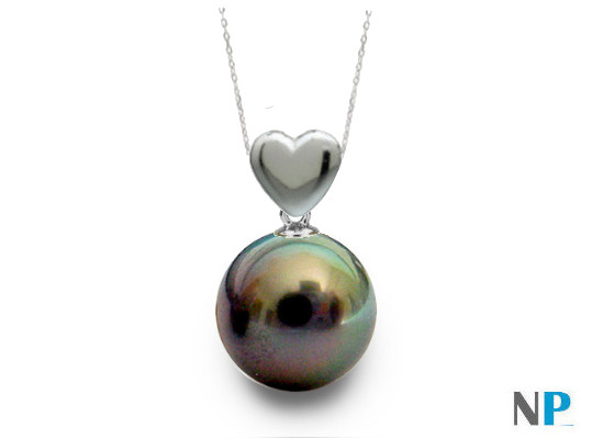 Pendentif coeur en Argent massif 925 avec perle noire de tahiti qualité AAA de 8 à 9 mm
