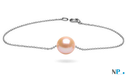 Cavigliera oro bianco  e perla Acqua Dolce colore naturale rosa pesca