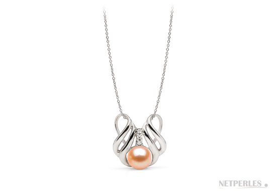 Pendente Argento 925 Diamante Perla Acqua Dolce rosa pesca