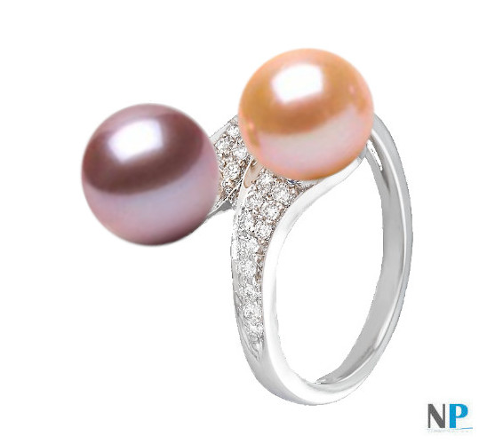 Anello You&Me, Oro bianco 18k con perla lavanda e rosa pesca dolcehadama