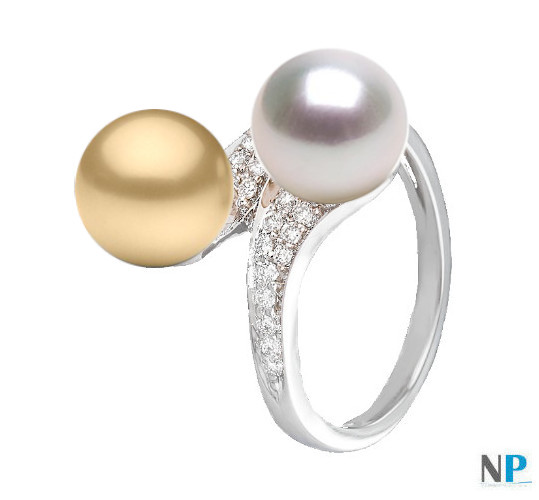 Anello You&Me, Oro bianco 18k con perla dorata Filippina e perla bianca Australiana