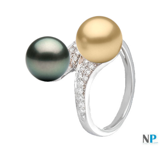 Anello You&Me, Oro bianco 18k con perla dorata Filippina e perla nera di Tahiti