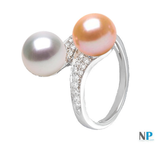 Anello You&Me, Oro bianco 18k con perla bianca e rosa pesca dolcehadama