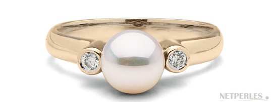 Anello in oro 14k con perla Akoya bianca e diamanti