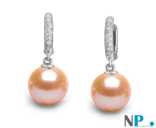 Orecchini in Argento 925 Diamanti e Perle d'acqua dolce AAA di colore naturale rosa pesca
