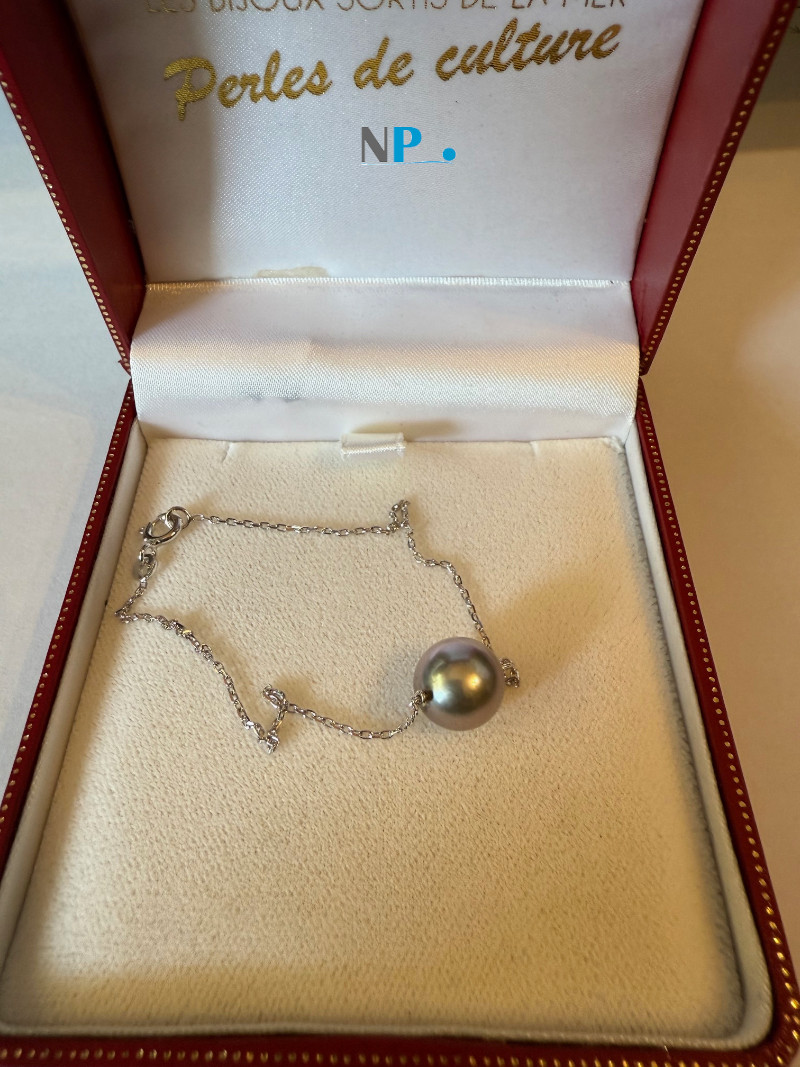 Perla di Tahiti su catenina in argento 925 rodiato, splendido braccialetto da 21 cm!