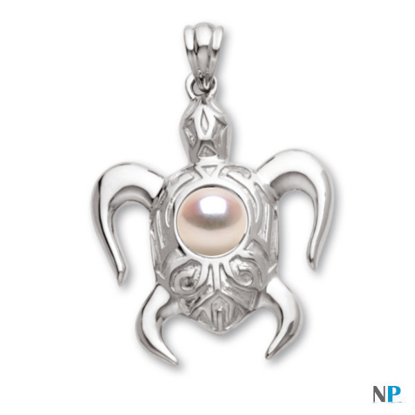 Pendente a forma di tartaruga in argento 925 (rodiato, inossidabile)  con perla Akoya bianca di qualità AAA