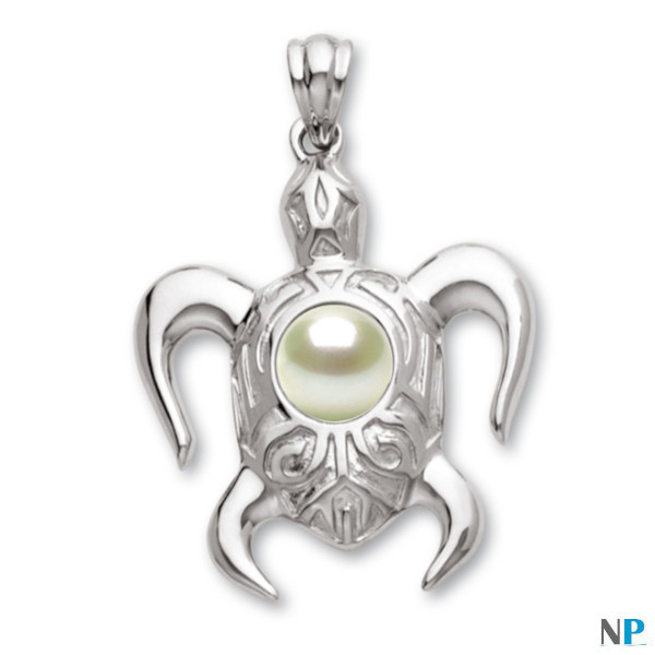 Pendentif tortue en Argent 925 (rhodié)  avec perle blanche d'eau douce