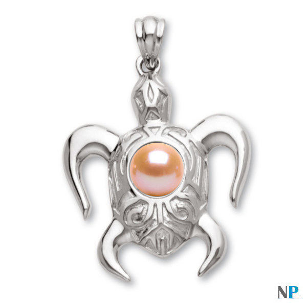 Pendentif tortue en Argent 925 (rhodié)  avec perle pêche d'eau douce