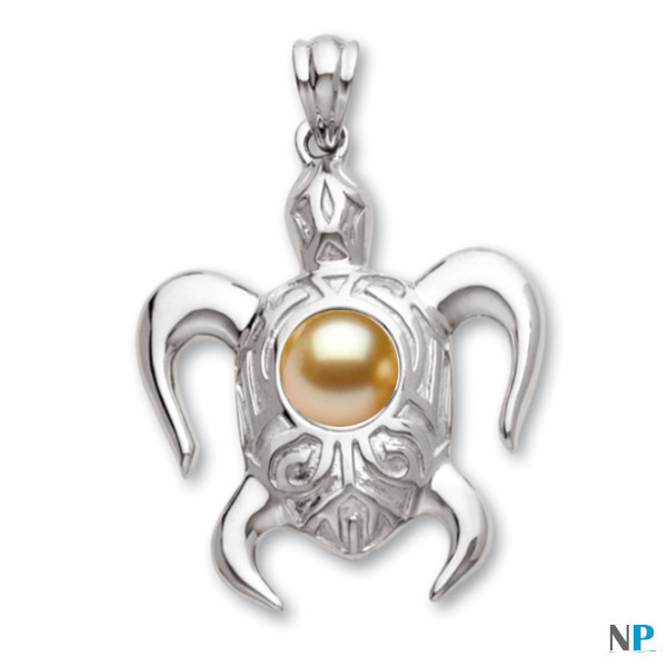 Pendente a forma di tartaruga in argento 925 (rodiato, inossidabile)  con perla dorata delle Filippine AAA