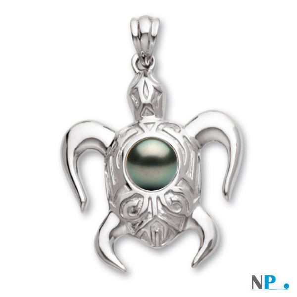 Pendente a forma di tartaruga in argento 925 (rodiato, inossidabile)  con perla di Tahiti di qualità AAA
